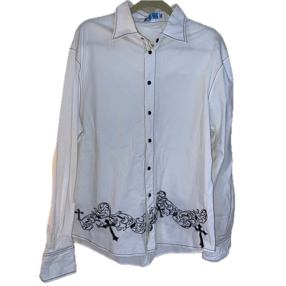 Toku Men’s Western Embroidered Shirt XXL White Cross Rhinestone Detail